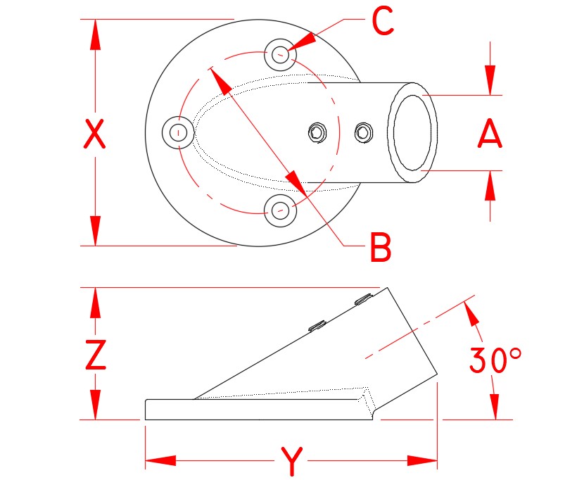 Stainless Steel Round Rail Base - 30 Degree Angle, Railing and Bimini, S3650-0300, S3650-0301, Line Drawing